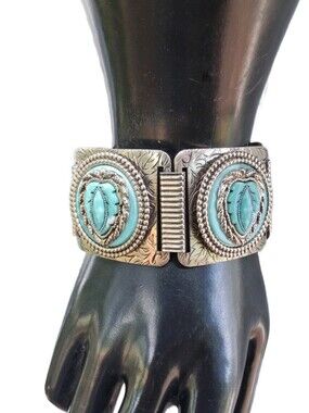 VTG Western Silvertone Turquoise Faux Carved Jade Matrix Panels Bracelet